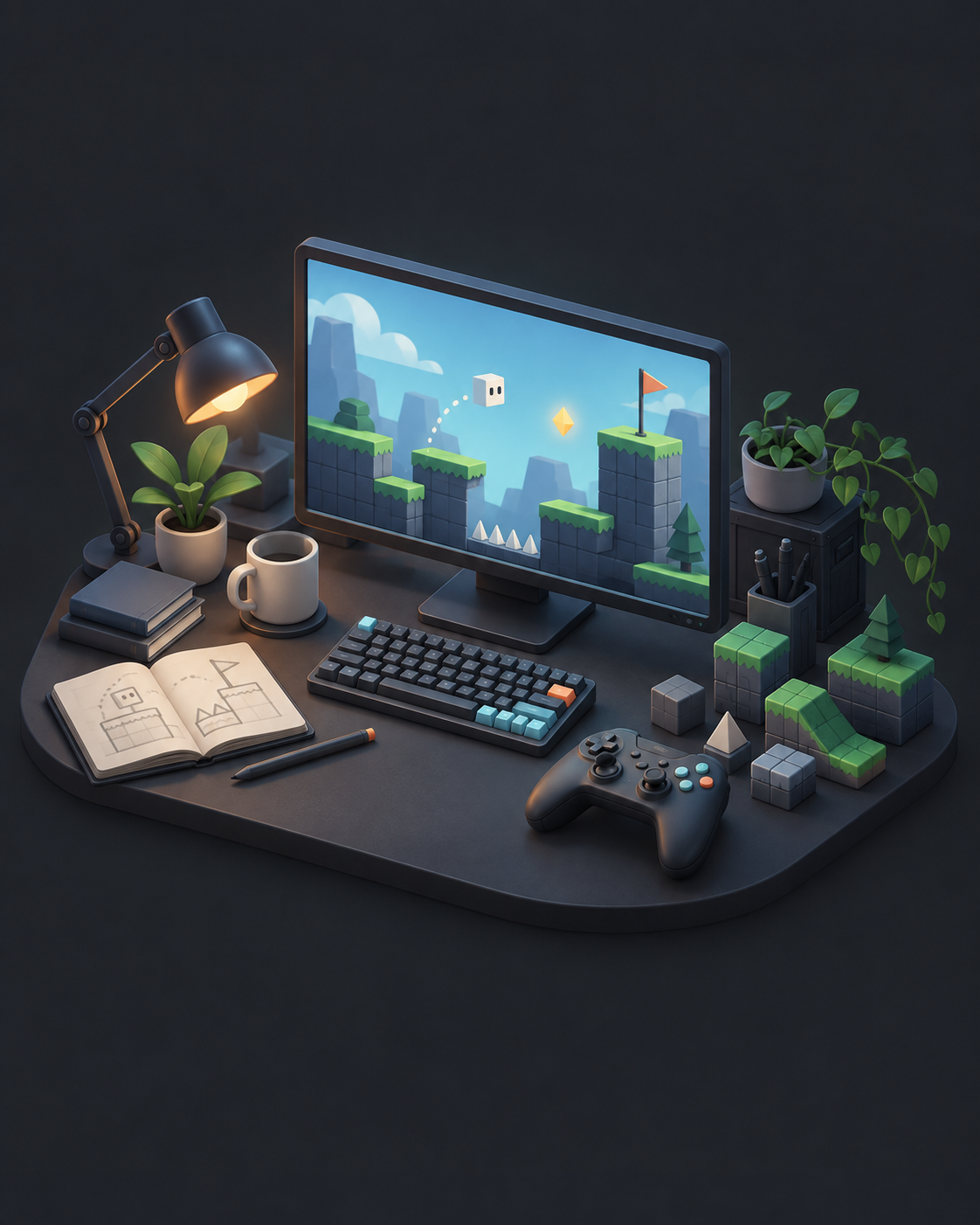 A game development illustration about turning an idea into a playable prototype.